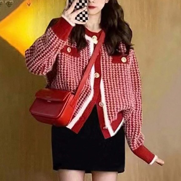 Red Preppy Womens Contrast Trim Button Front Cardigan - Picture 3 of 4